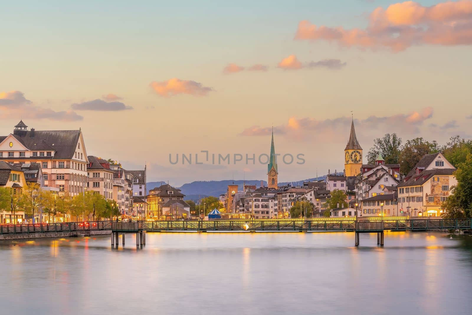 Zurich city downtown skyline cityscape of Switzerland at sunset