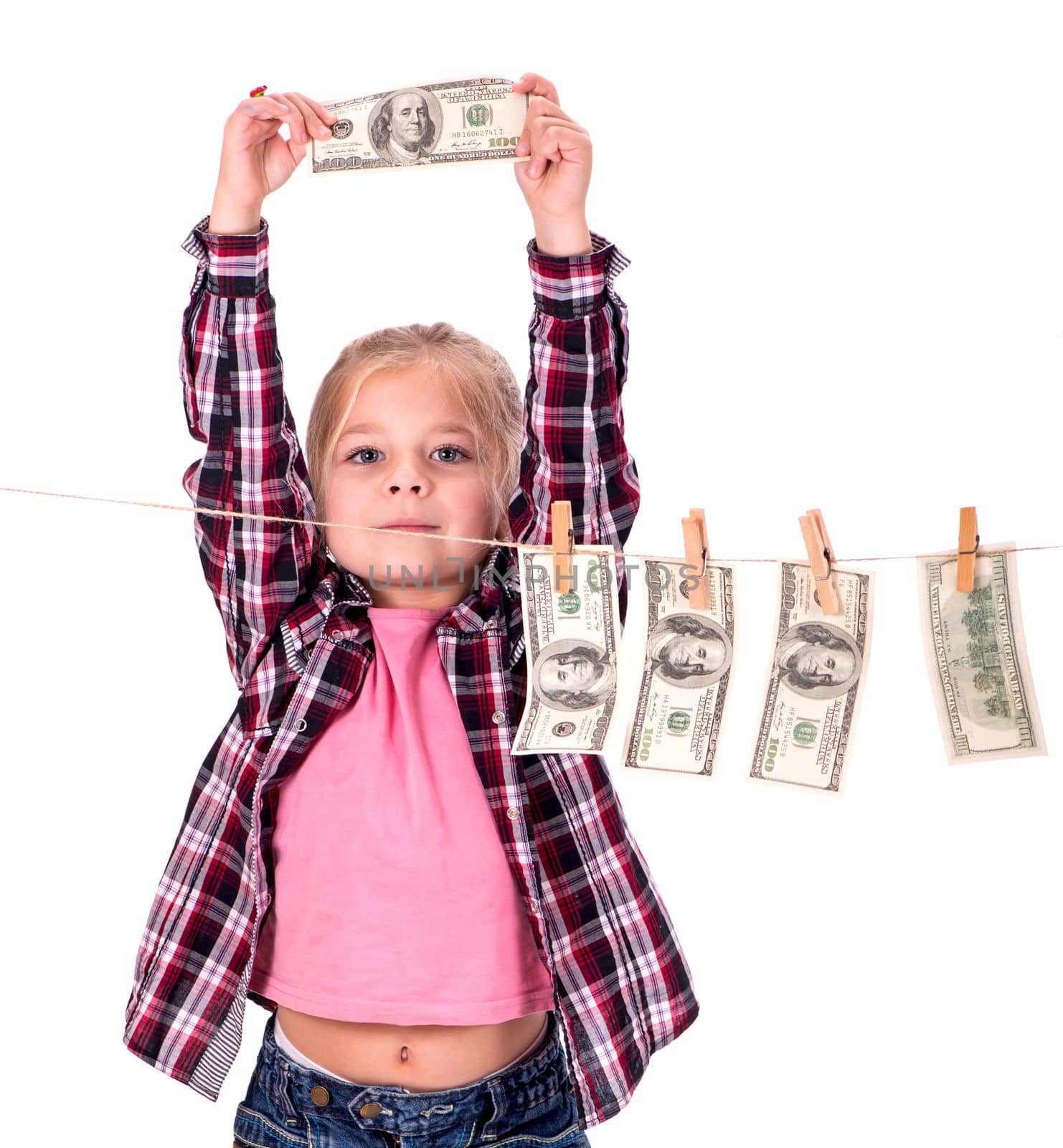 Girl with money. Girl hangs on the money on the rope on a white background by aprilphoto