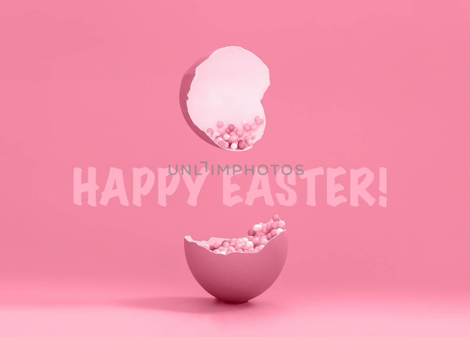 Broken decorative easter egg with colorful confetti. Minimal composition, monochromatic color pastel pink background. Sign happy easter. by Ri6ka