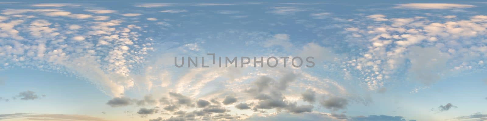 Blue sky panorama with Cirrus clouds. Seamless hdr 360 degree pano in spherical equirectangular format. Sky dome or zenith for 3D visualization, game and sky replacement for aerial drone 360 panoramas by panophotograph