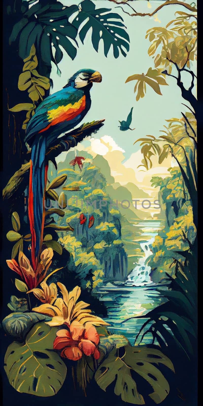 Tropical summer paradise scene landscape with river, ocean, sea, leaves and plants. flowers and birds. Generative AI.