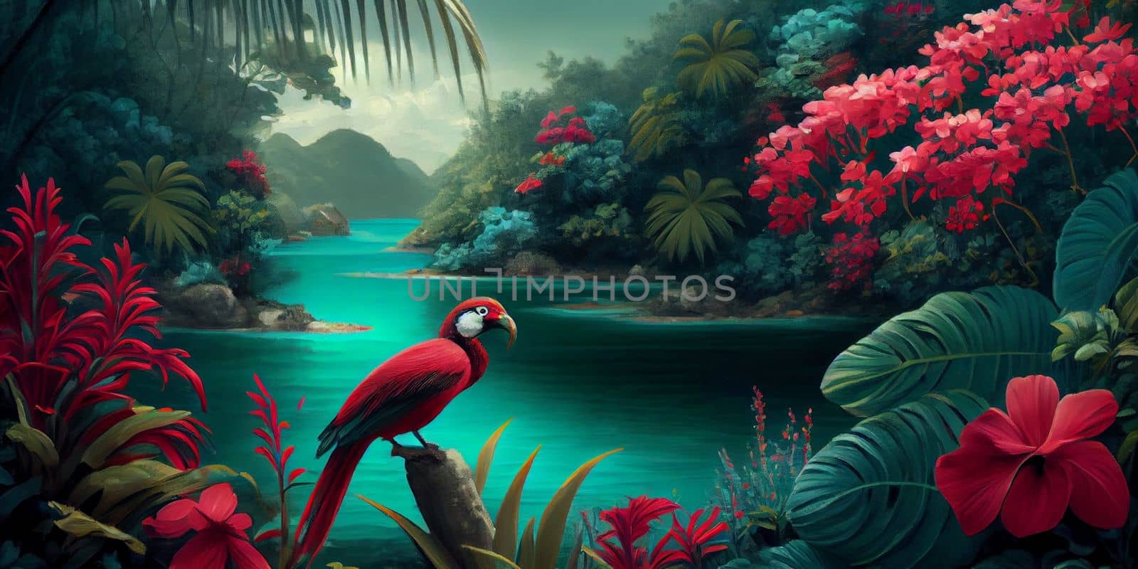 Tropical summer paradise scene landscape with river, ocean, sea, leaves and plants. flowers and birds. Generative AI by lucia_fox