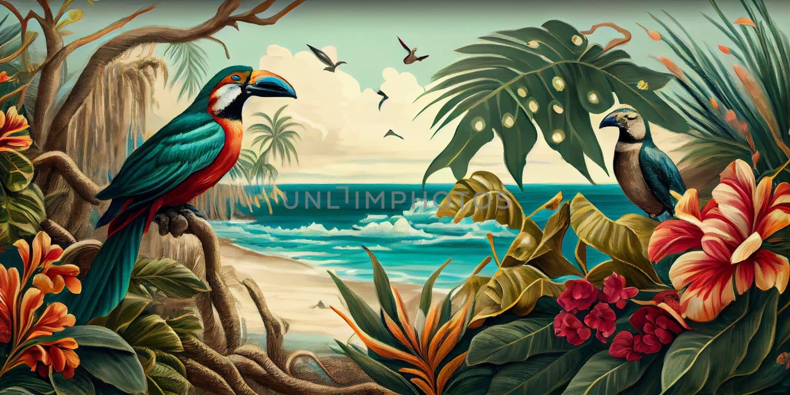 Tropical summer paradise scene landscape with river, ocean, sea, leaves and plants. flowers and birds. Generative AI by lucia_fox