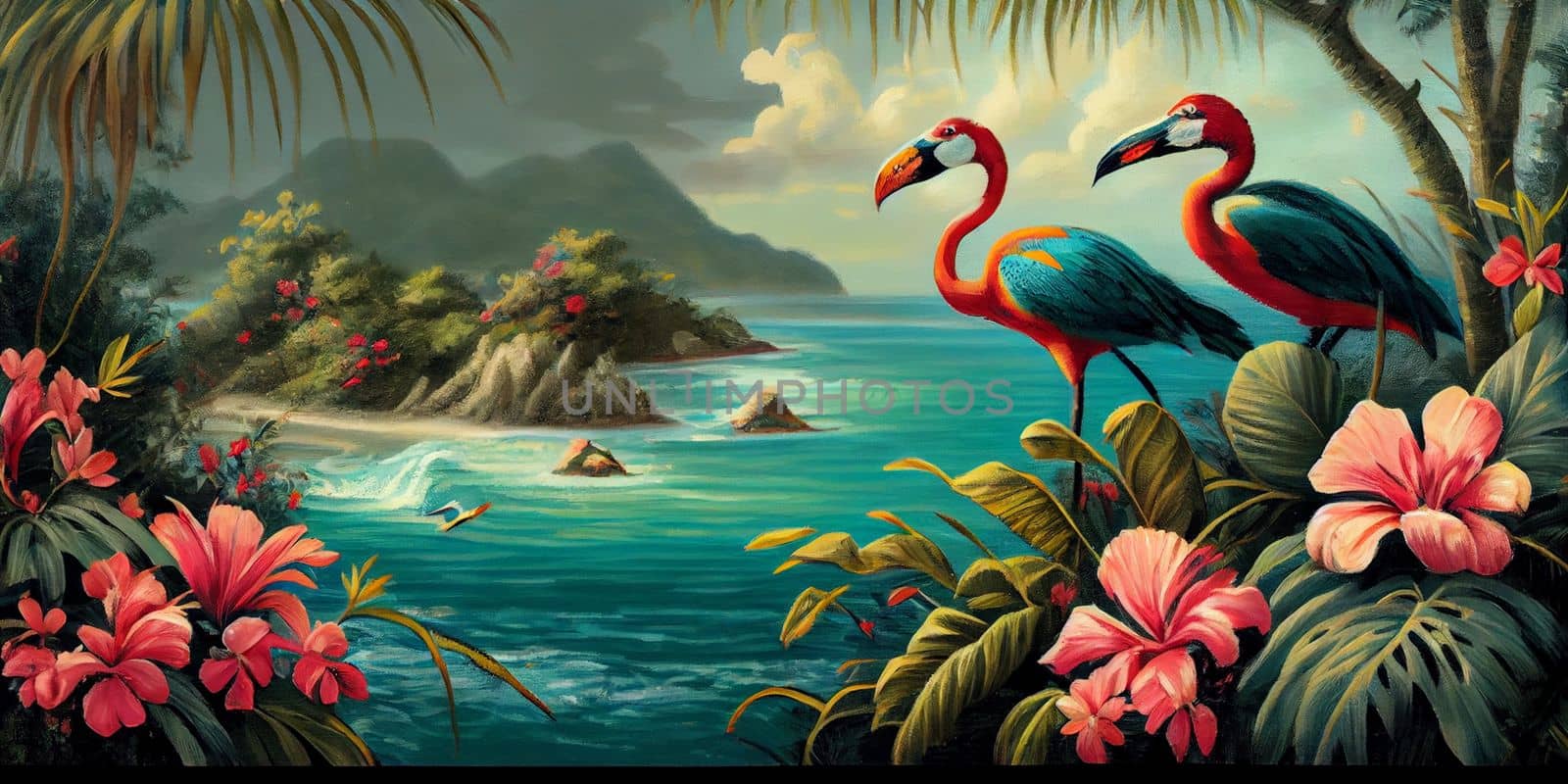 Tropical summer paradise scene landscape with river, ocean, sea, leaves and plants. flowers and birds. Generative AI by lucia_fox