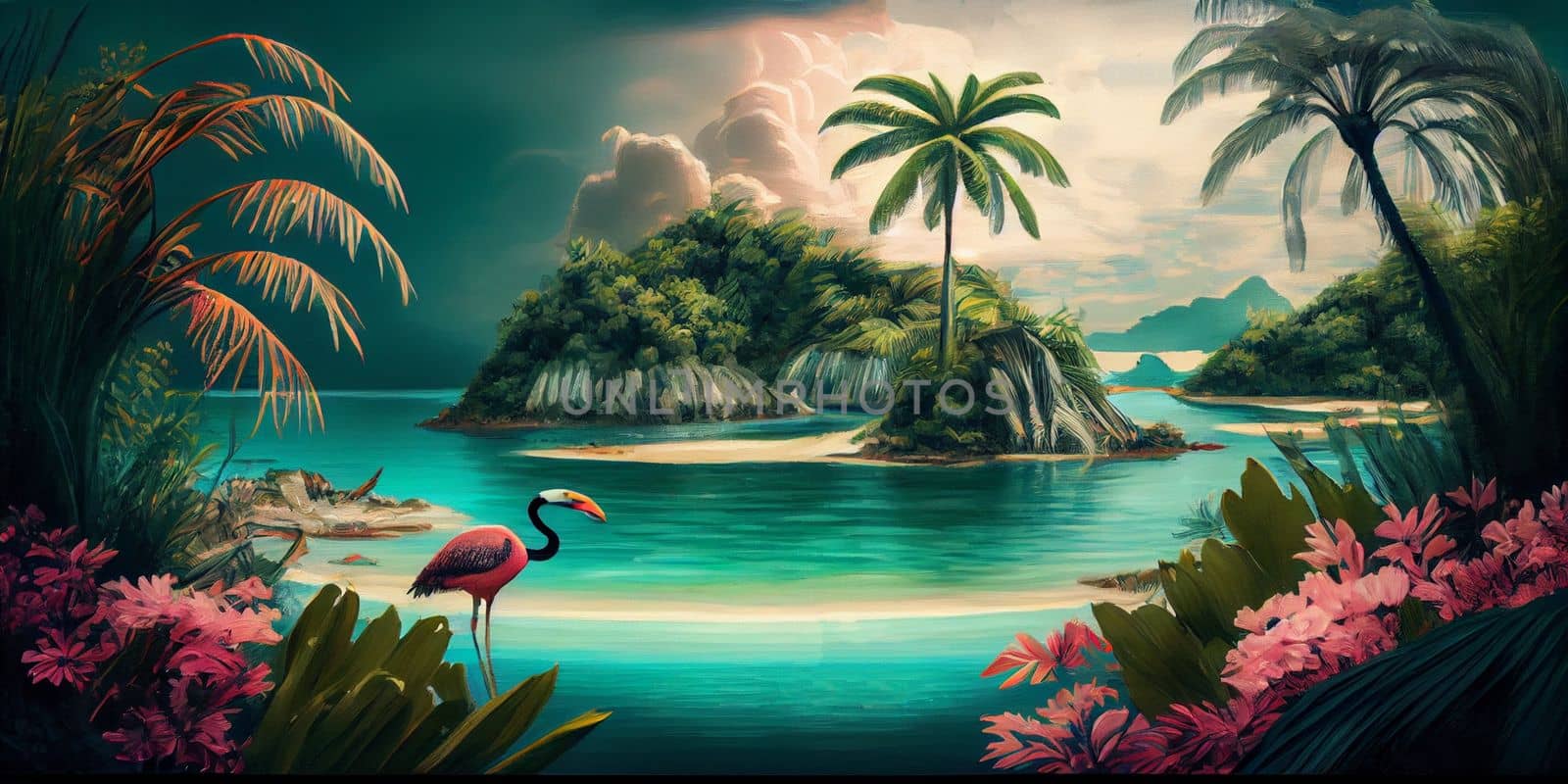Tropical summer paradise scene landscape with river, ocean, sea, leaves and plants. flowers and birds. Generative AI.