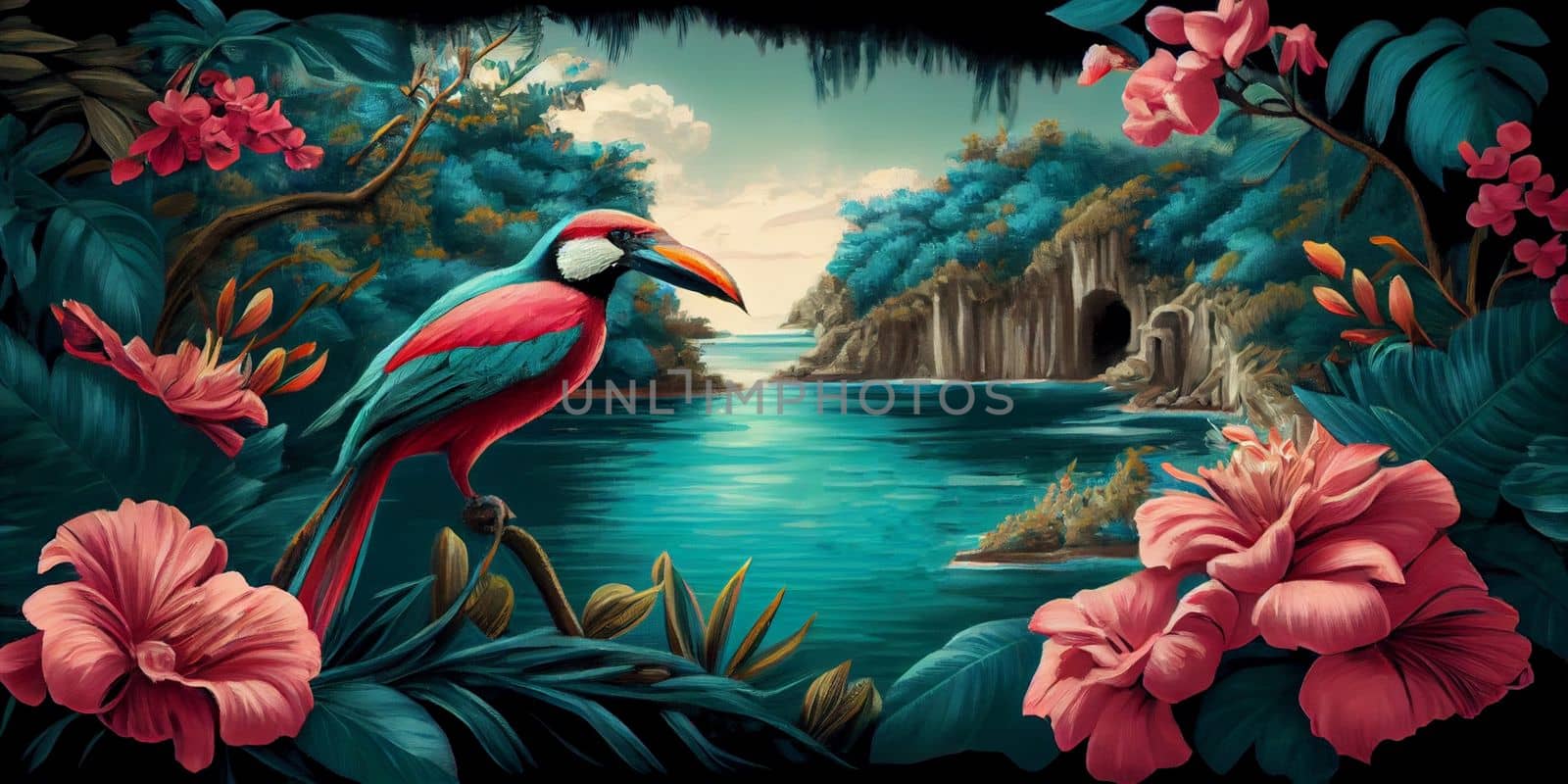 Tropical summer paradise scene landscape with river, ocean, sea, leaves and plants. flowers and birds. Generative AI by lucia_fox