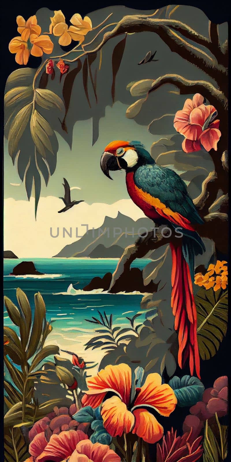 Tropical summer paradise scene landscape with river, ocean, sea, leaves and plants. flowers and birds. Generative AI.