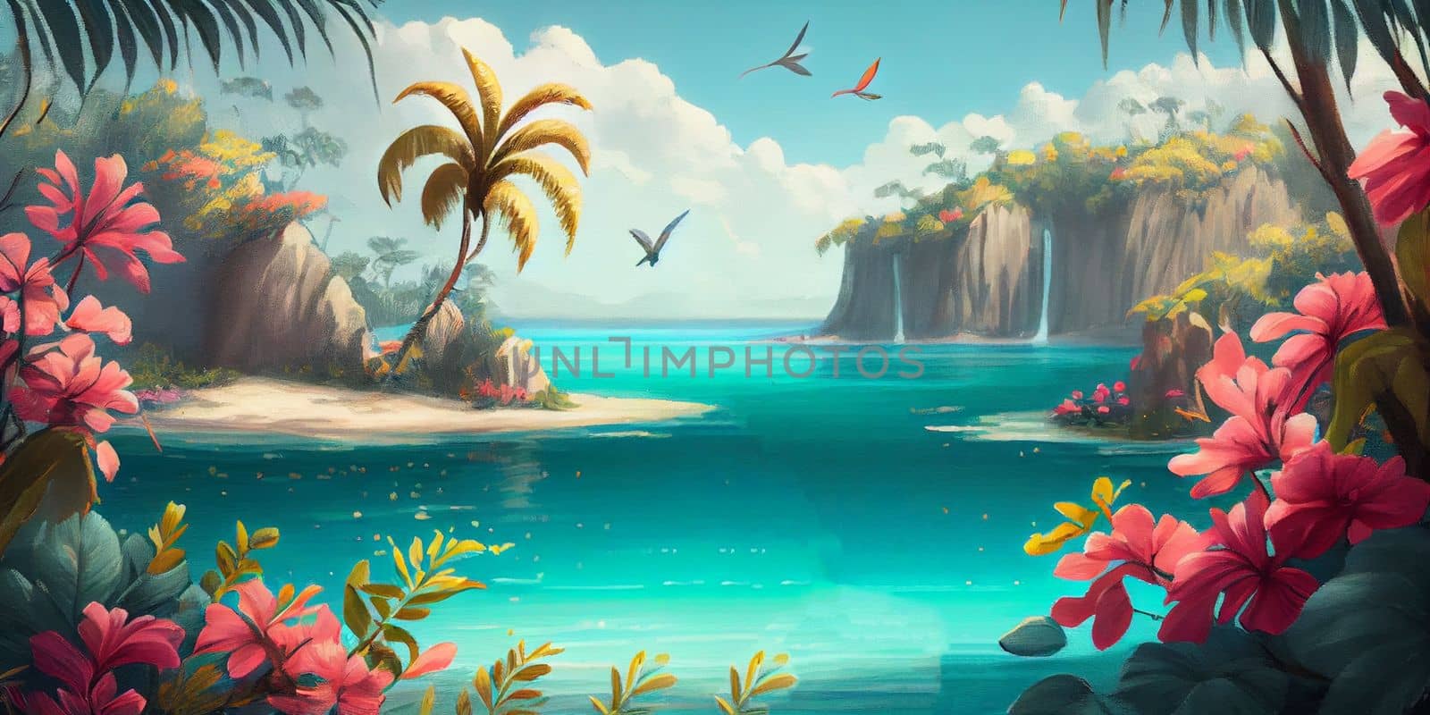 Tropical summer paradise scene landscape with river, ocean, sea, leaves and plants. flowers and birds. Generative AI by lucia_fox