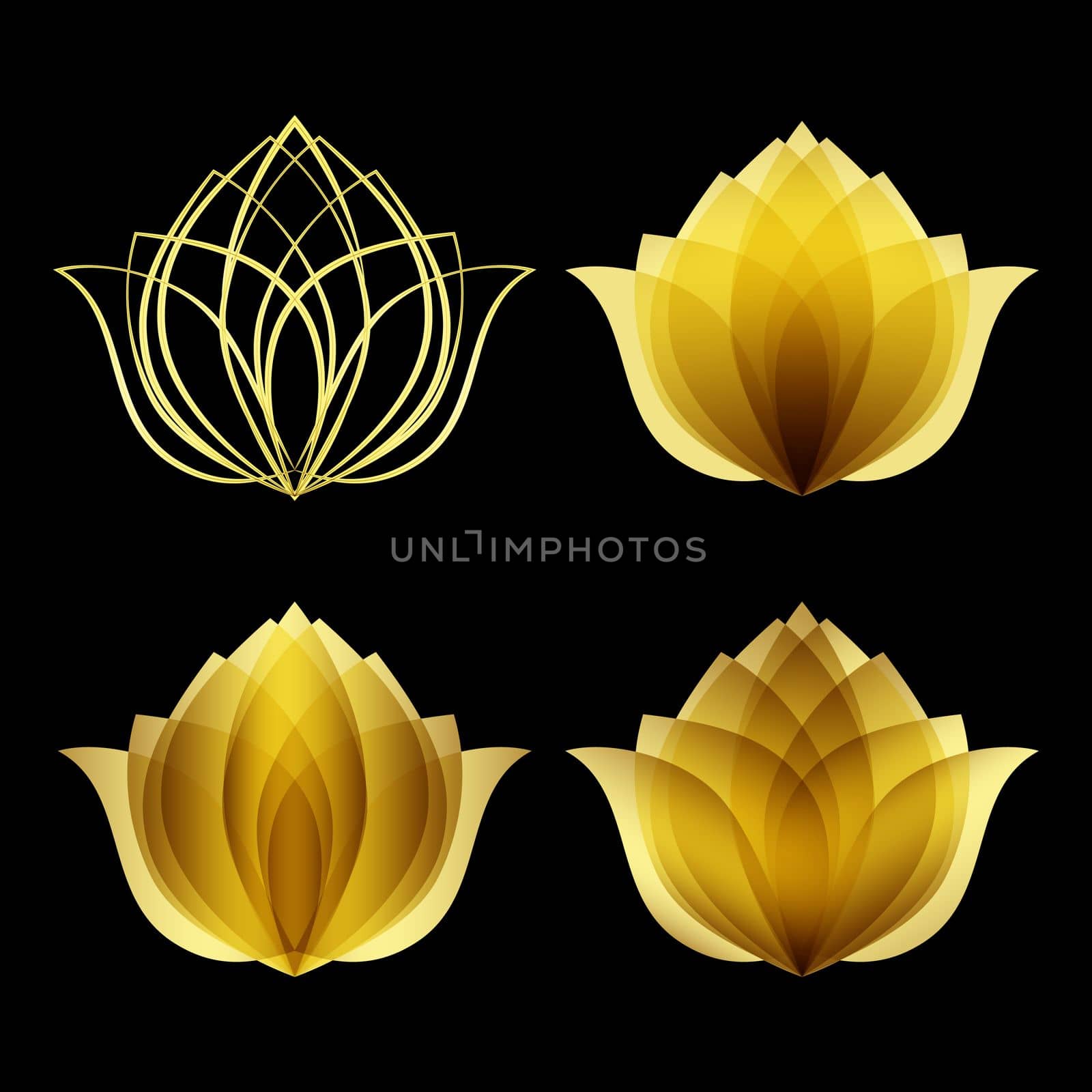 Golden lotus logo set. Design flower symbol. Floral emblem template of spa, cosmetics or beauty salon. Jpeg illustration.