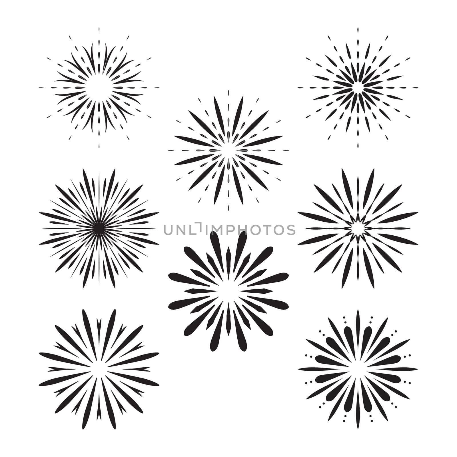 Fireworks icons collection. Graphic different black symbol for festival or carnival explosion, firecracker. Burst contour pattern shaped set isolated on white. Jpeg illustration.