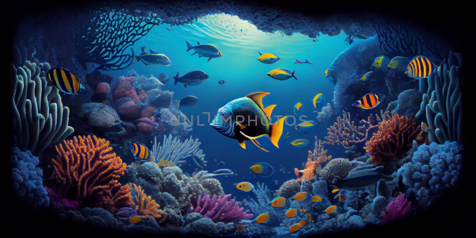 Underwater Scene With Coral Reef And Exotic Fishes. Generative AI by lucia_fox