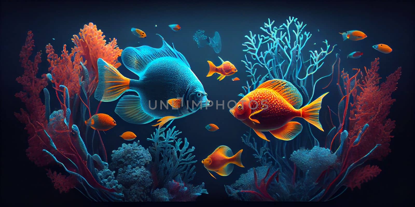 Underwater Scene With Coral Reef And Exotic Fishes. Generative AI.