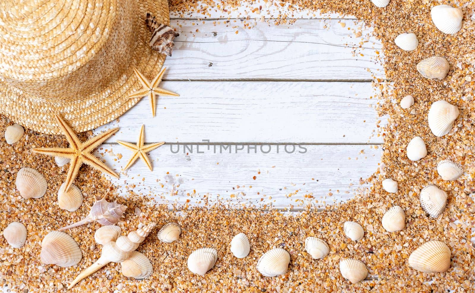 Sand seashells background. Summer time concept with sea shells and starfish on wooden background and sand.