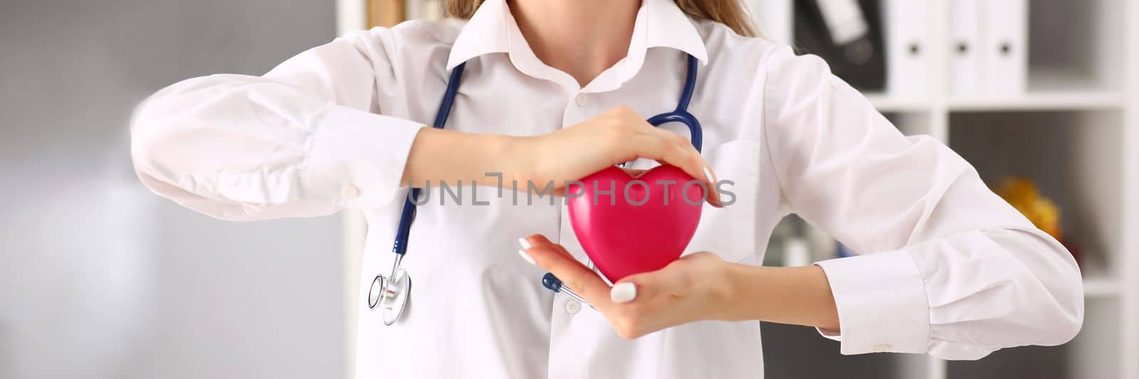 Cardiologist doctor holding red small heart in cardiology. Heart disease treatment concept