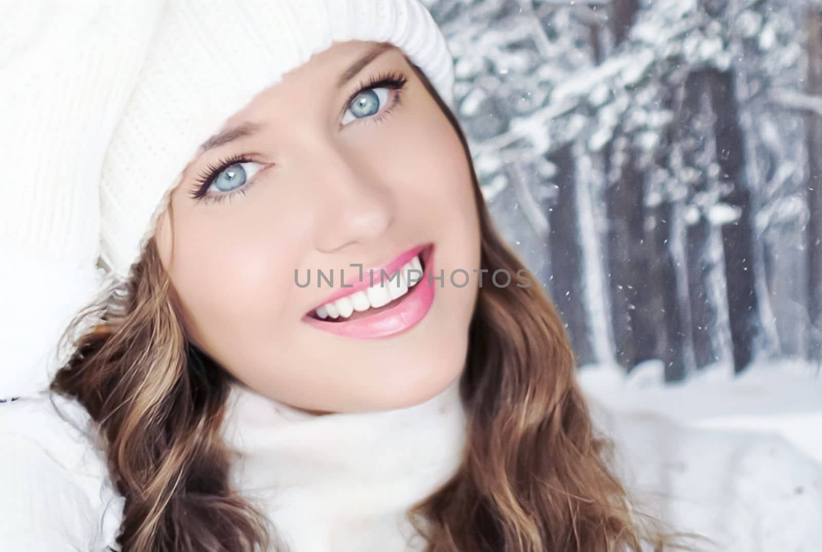Winter holiday travel, lifestyle and fashion, beautiful happy woman and snowy forest, nature, ski resort and leisure activity outdoors Christmas, New Year and holidays portrait by Anneleven