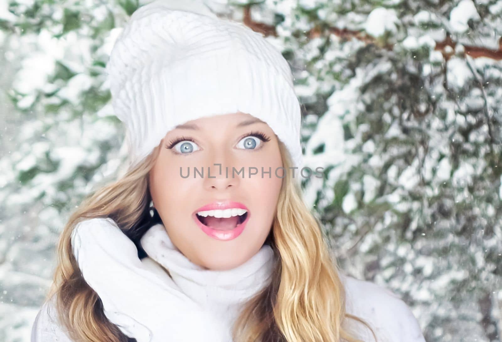 Winter holiday travel, lifestyle and fashion, beautiful happy woman and snowy forest, nature, ski resort and leisure activity outdoors Christmas, New Year and holidays portrait by Anneleven