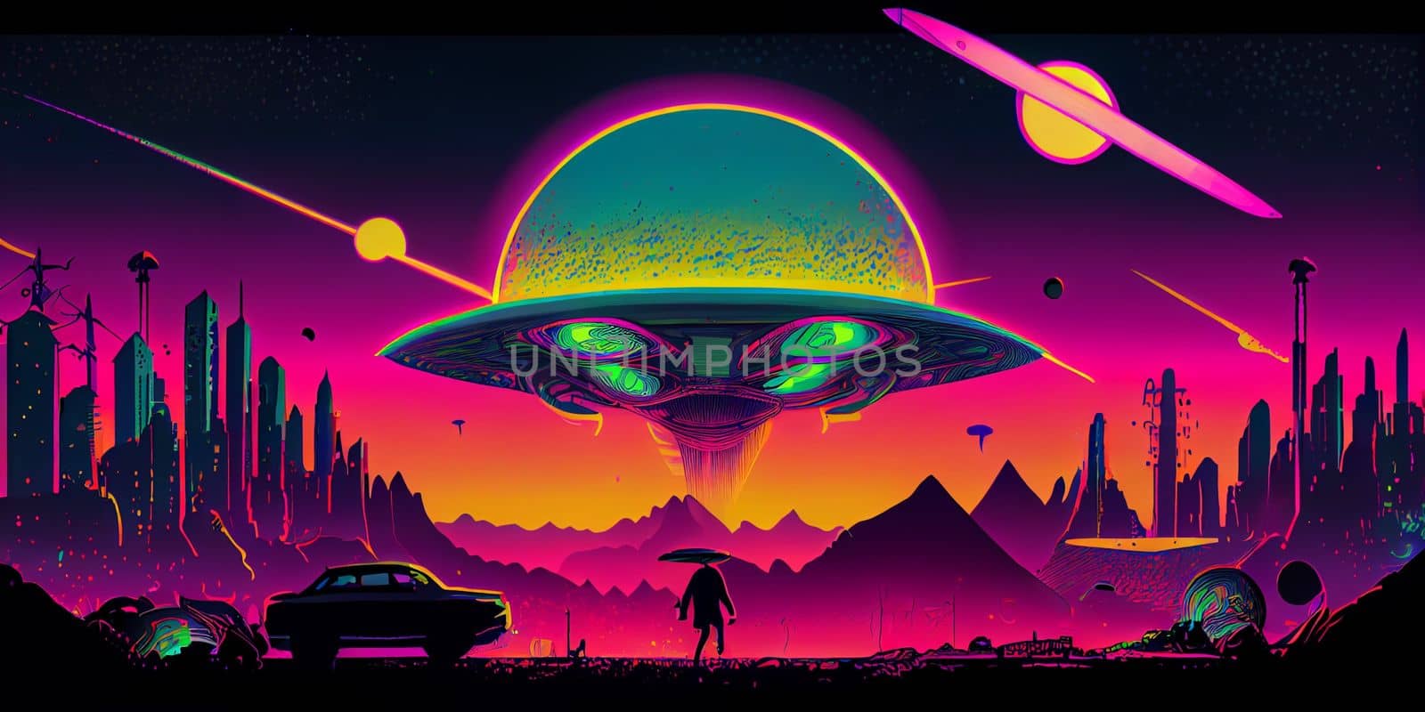 Psychedelic trippy alien cartoon 70s, rave style, acid color. Retrowave concept. AI Generative.