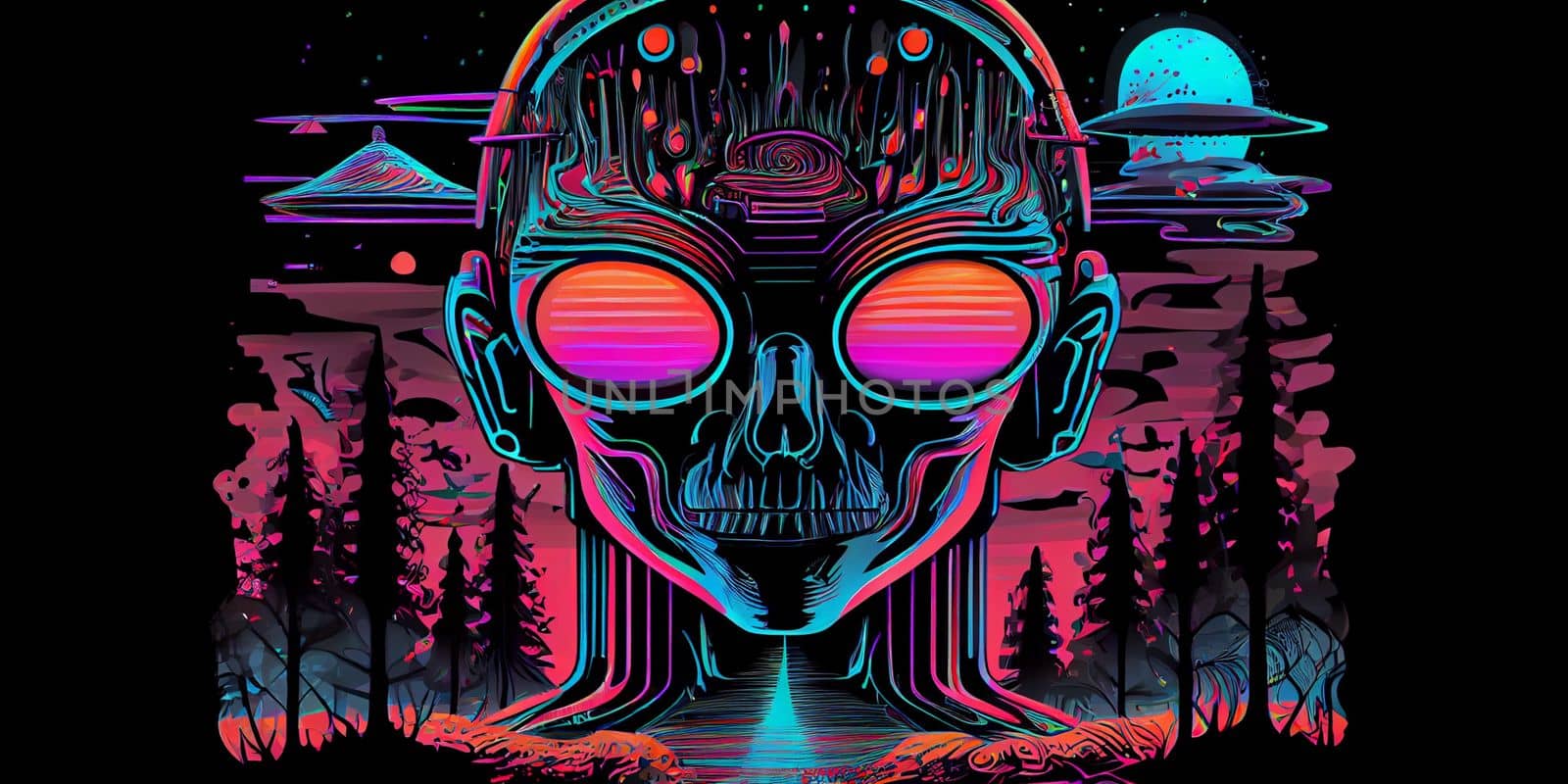 Psychedelic trippy alien cartoon 70s, rave style, acid color. Retrowave concept. AI Generative.