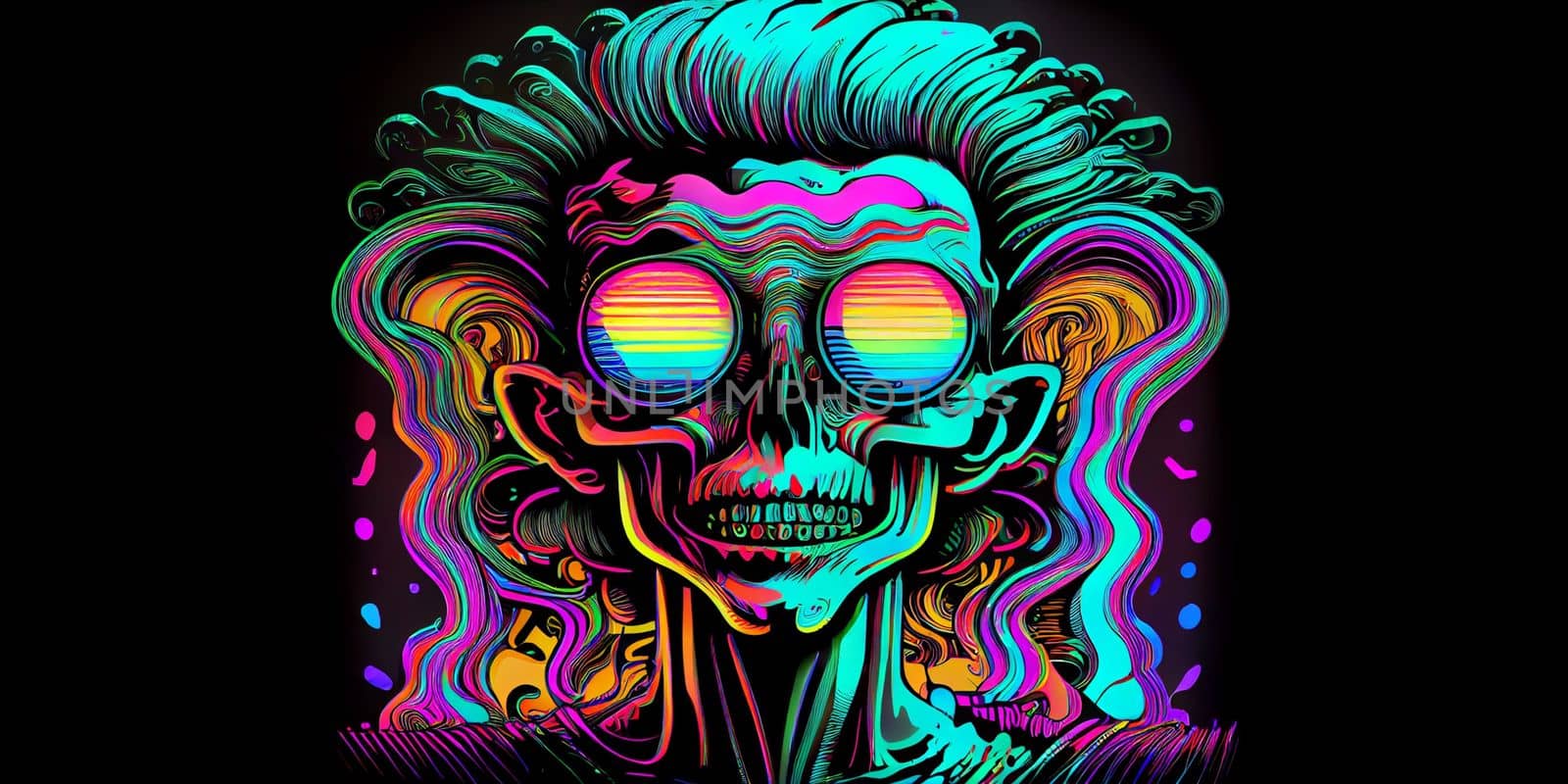 Psychedelic trippy alien cartoon 70s, rave style, acid color. Retrowave concept. AI Generative.