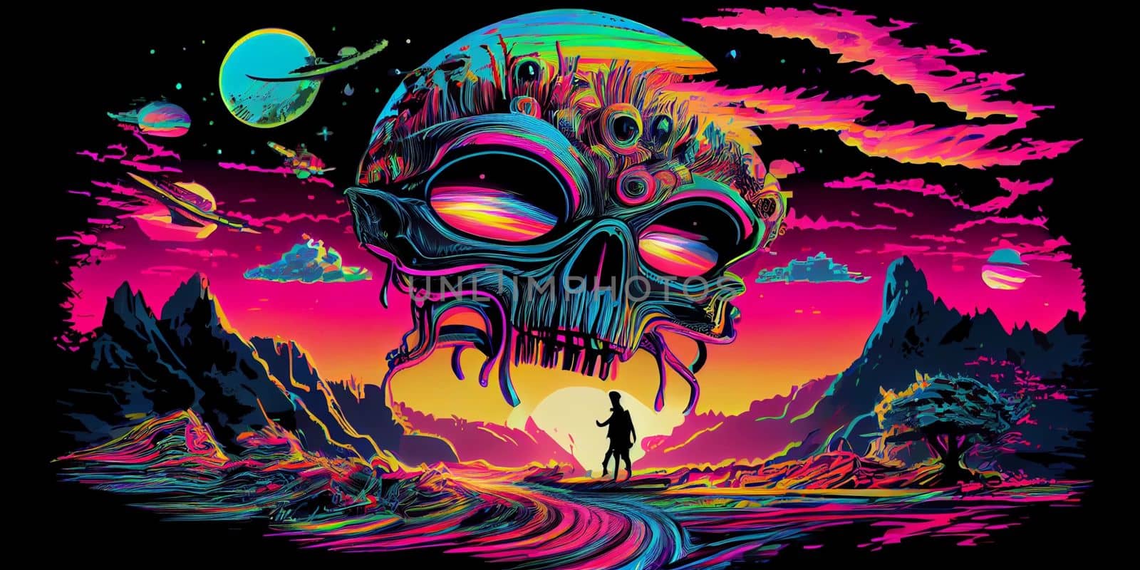 Psychedelic trippy alien cartoon 70s, rave style, acid color. Retrowave concept. AI Generative.