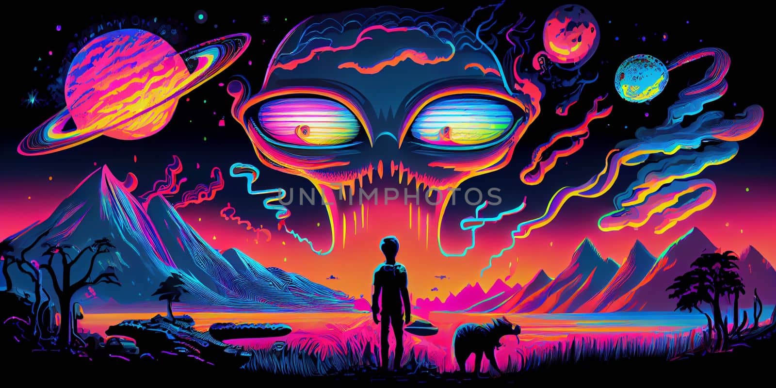 Psychedelic trippy alien cartoon 70s, rave style, acid color. Retrowave concept. AI Generative.