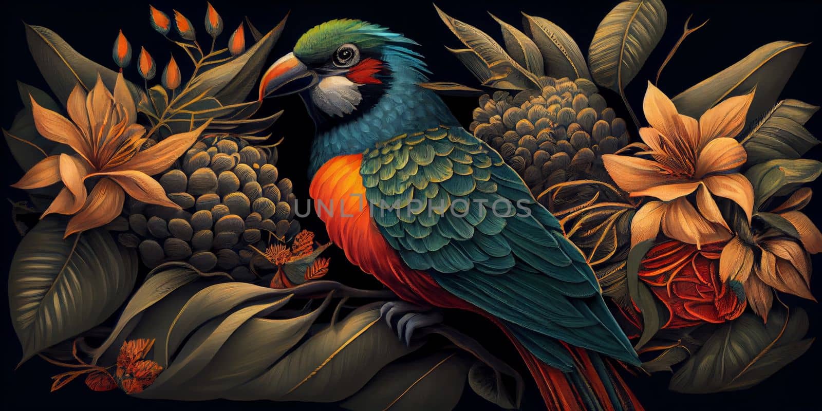 Tropical vintage exotic bird, flower, fruit, palm leaves floral . Exotic jungle wallpaper. AI Generative.