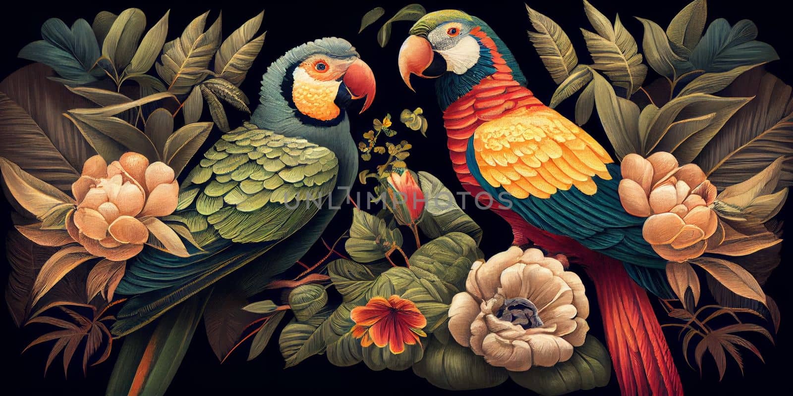 Tropical vintage exotic bird, flower, fruit, palm leaves floral . Exotic jungle wallpaper. AI Generative.