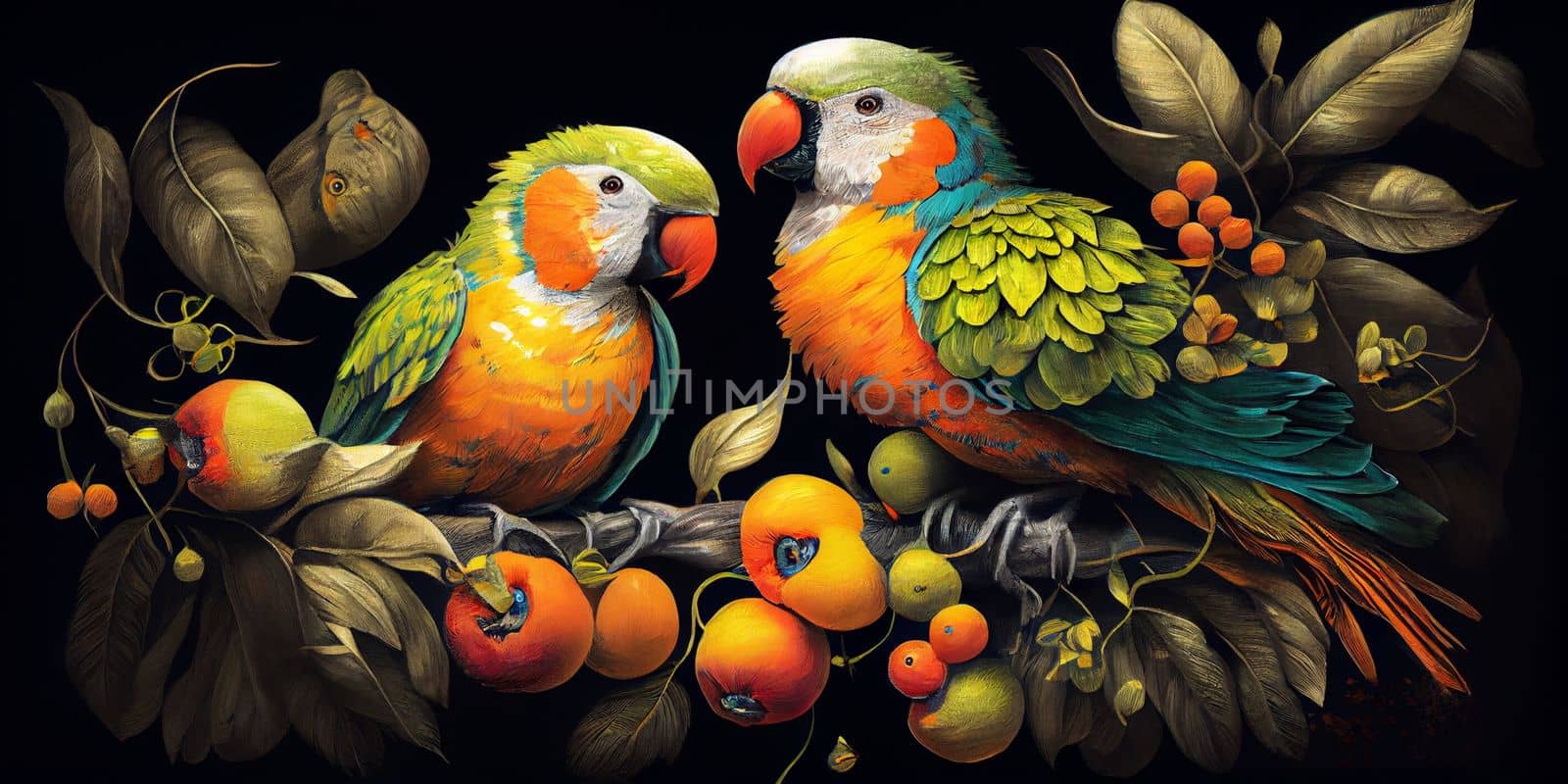 Tropical vintage exotic bird, flower, fruit, palm leaves floral . Exotic jungle wallpaper. AI Generative.