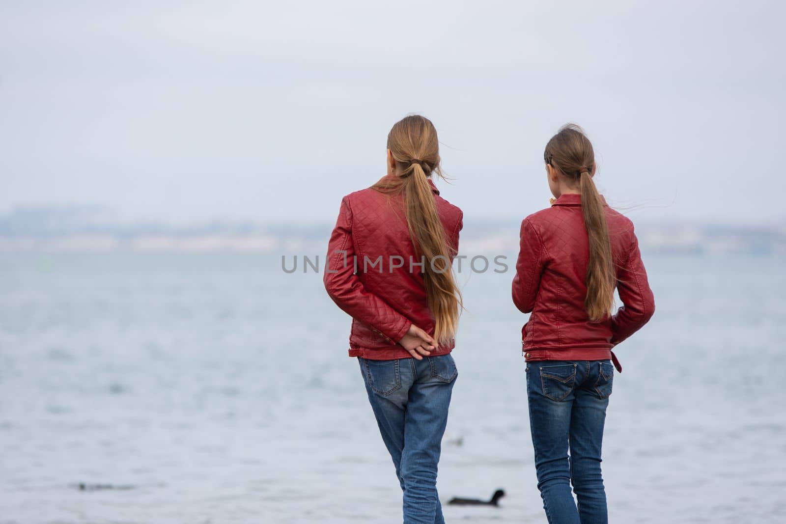 Two girls in identical clothes look at the sea, close- up, view from the back