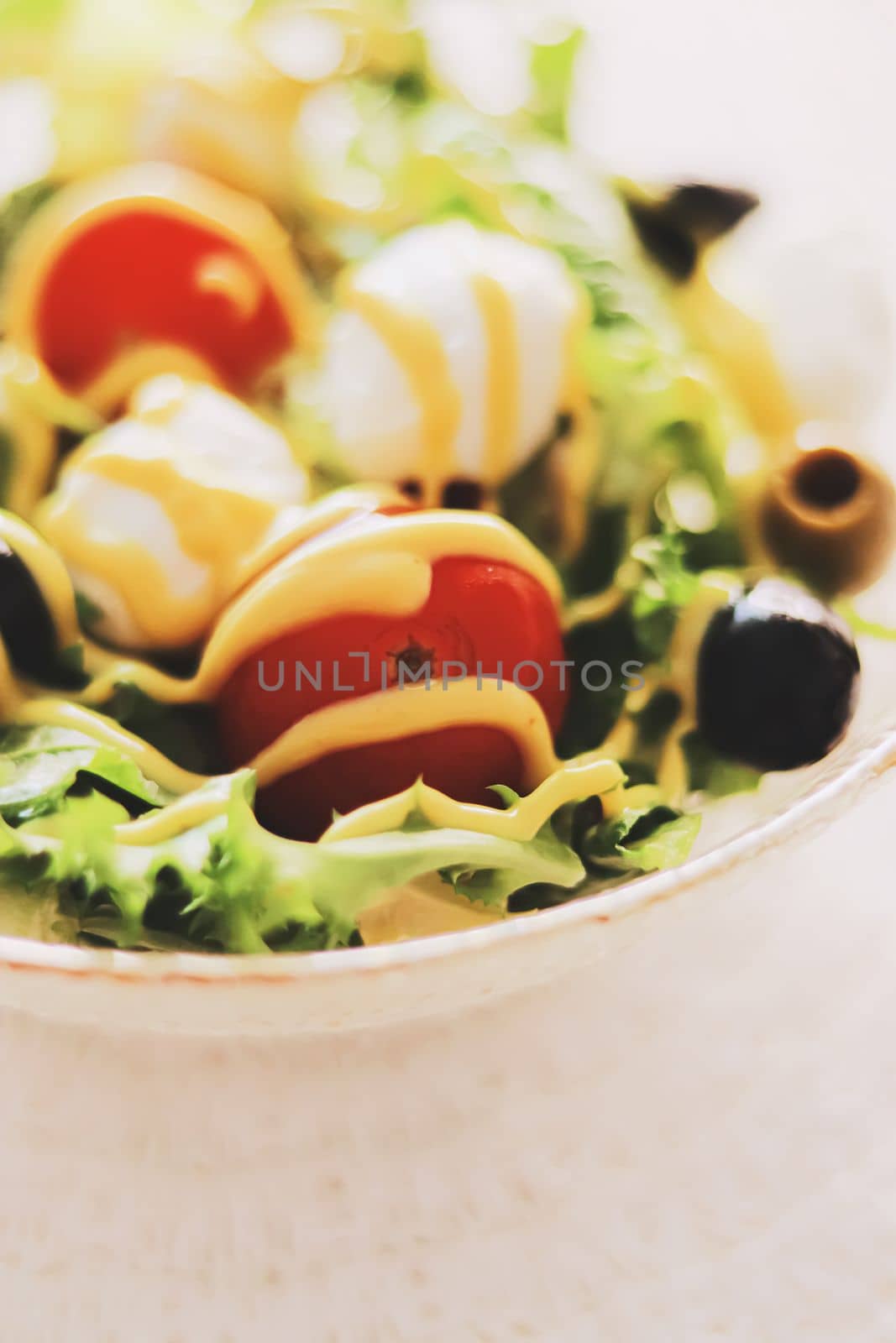 Food and diet, salad with fresh vegetables and mozzarella cheese as meal for lunch or dinner, tasty recipe by Anneleven
