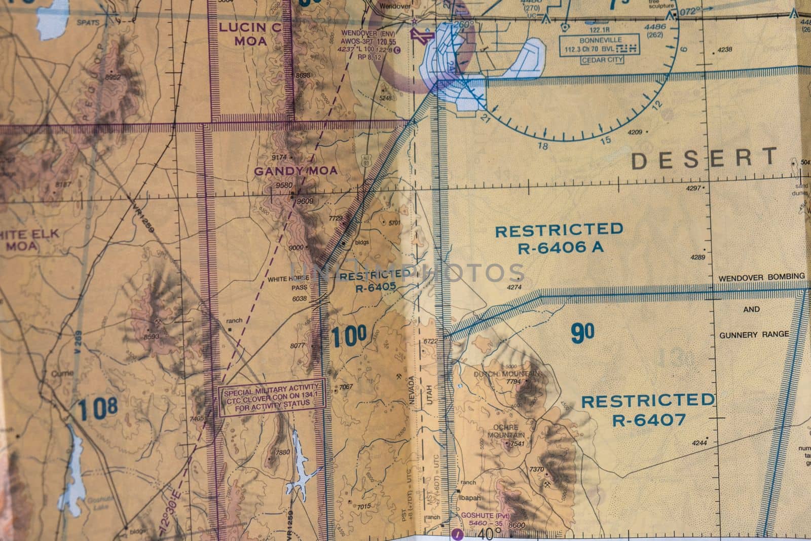 Close up detail of defense restricted airspace chart for use in flight navigation, FAA sectional map, Western Training and Test Range Utah. High quality photo