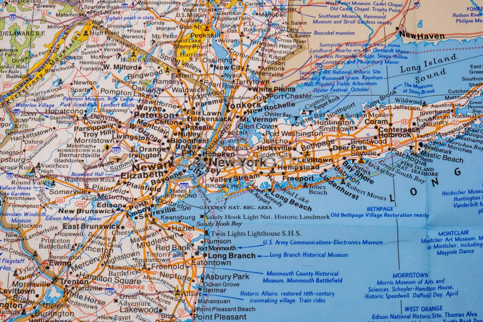 Close up detail of colorful map showing New York City, New Jersey, Manhattan, Long Island Sound. High quality photo