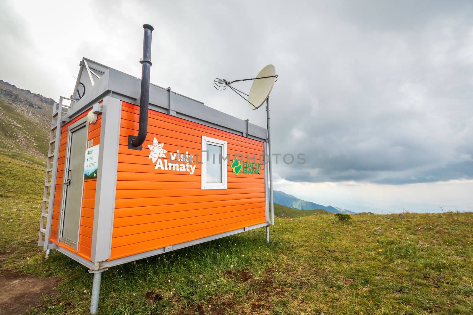 A mobile building of a collapsible type, built on top of the Almaty Mountains for emergency situations of tourists. Almaty, Kazakhstan - July 19, 2022