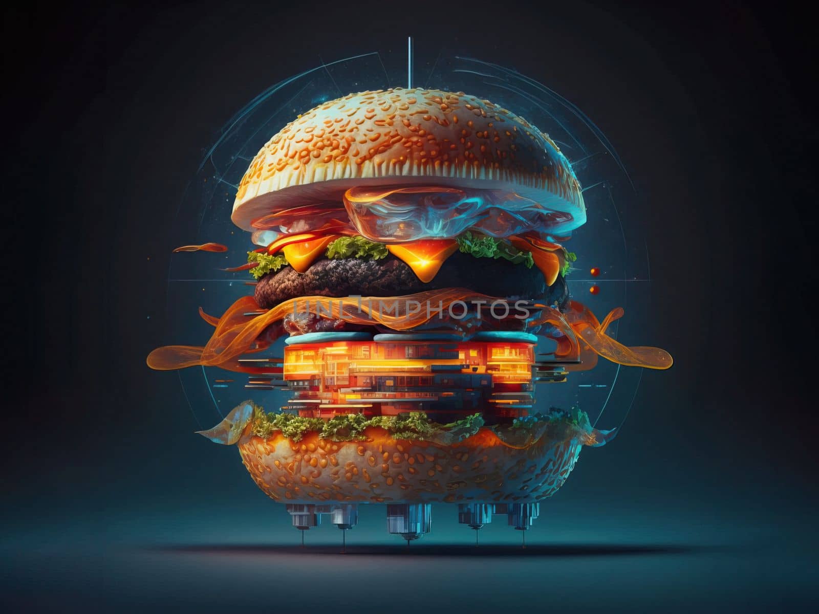 illustration futuristic grilled burger, isolated , fast food concept. Download image