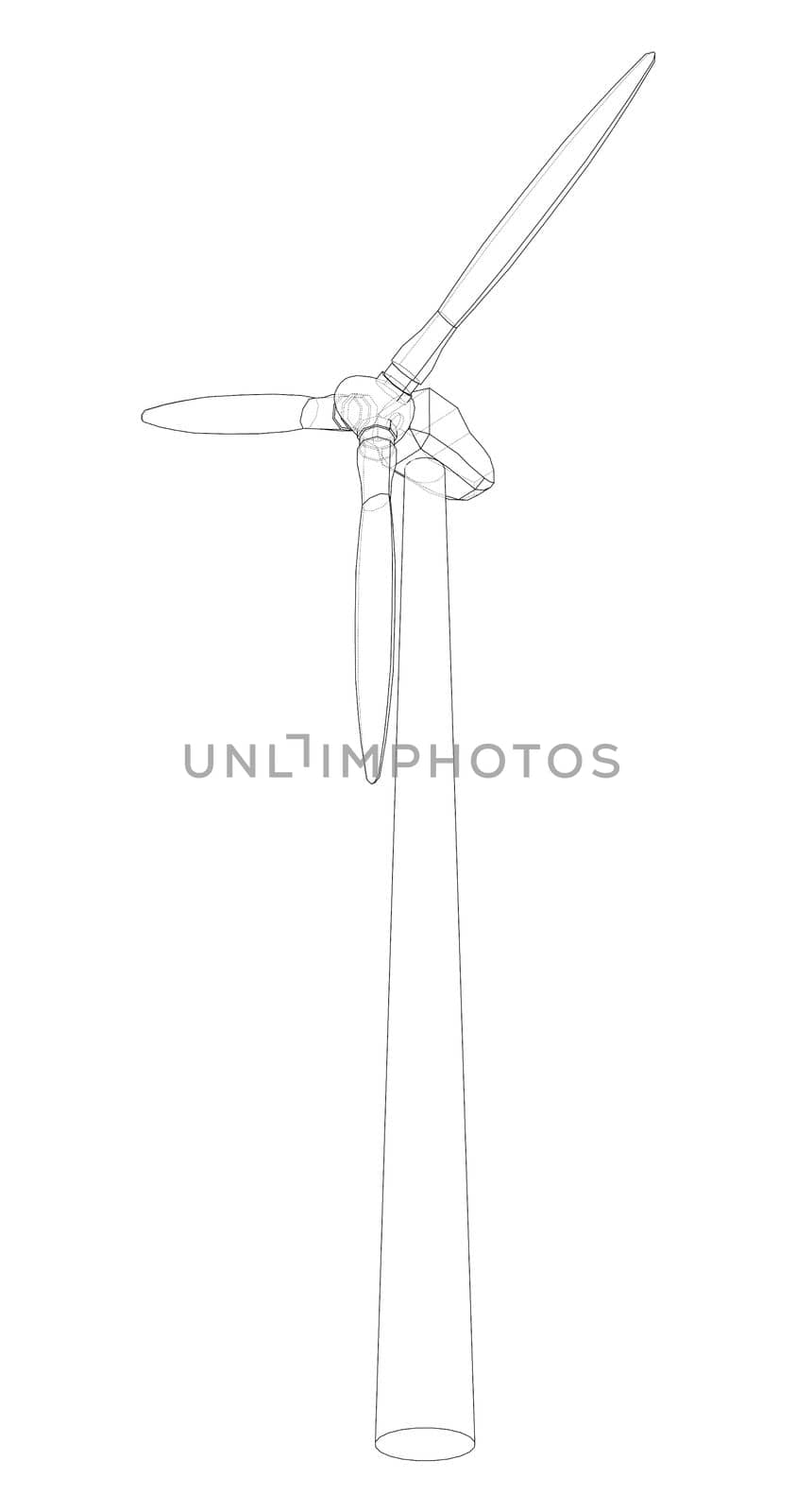 Wind turbine. 3d illustration. Wire-frame style. The layers of visible and invisible lines are separated