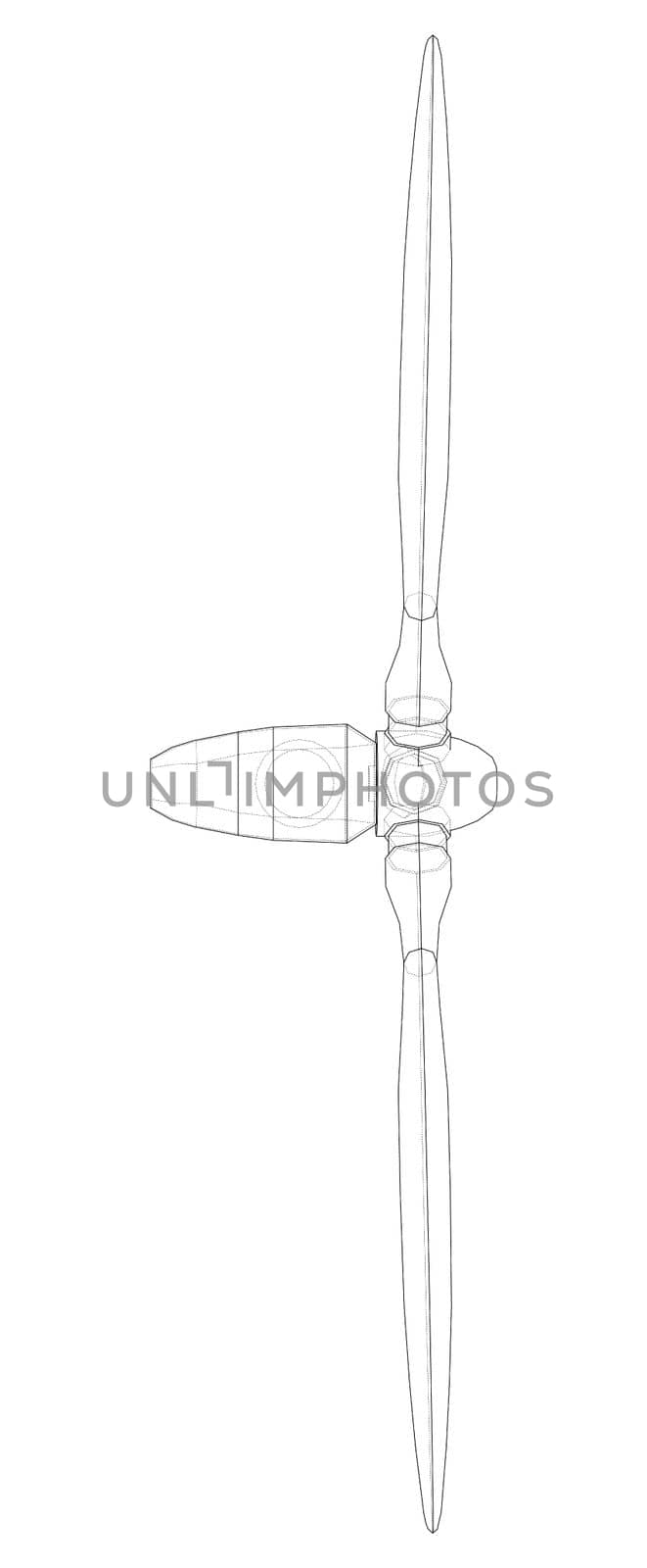 Wind turbine. 3d illustration. Wire-frame style. The layers of visible and invisible lines are separated