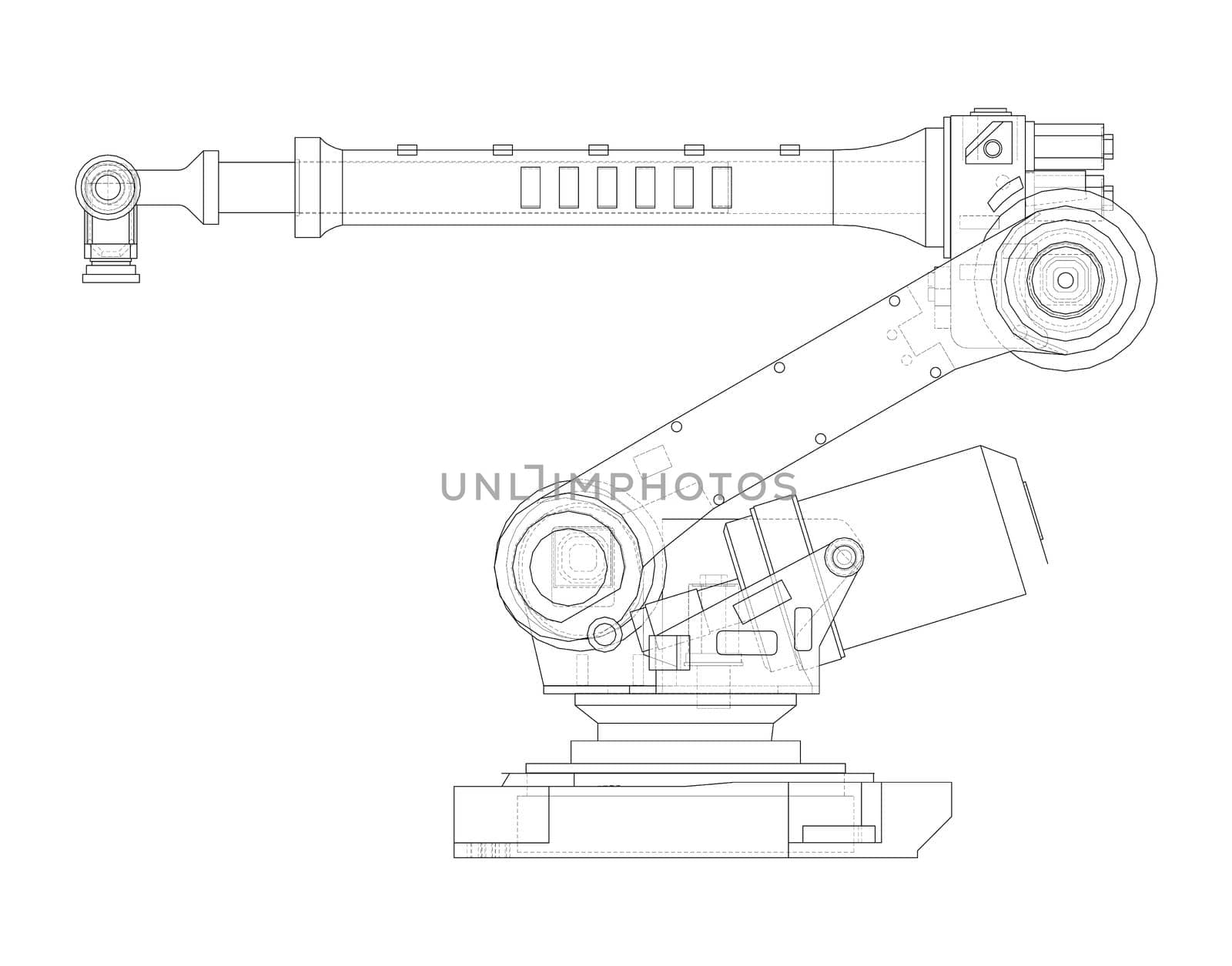 Industrial Robotic Arm. 3d illustration. Wire-frame style. Orthography