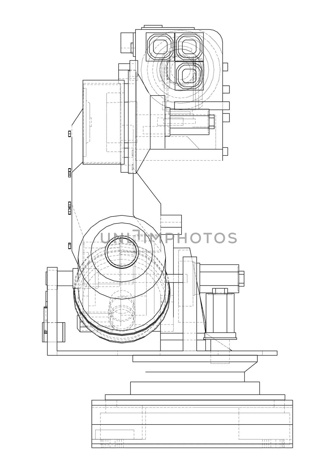 Industrial Robotic Arm. 3d illustration. Wire-frame style. Orthography
