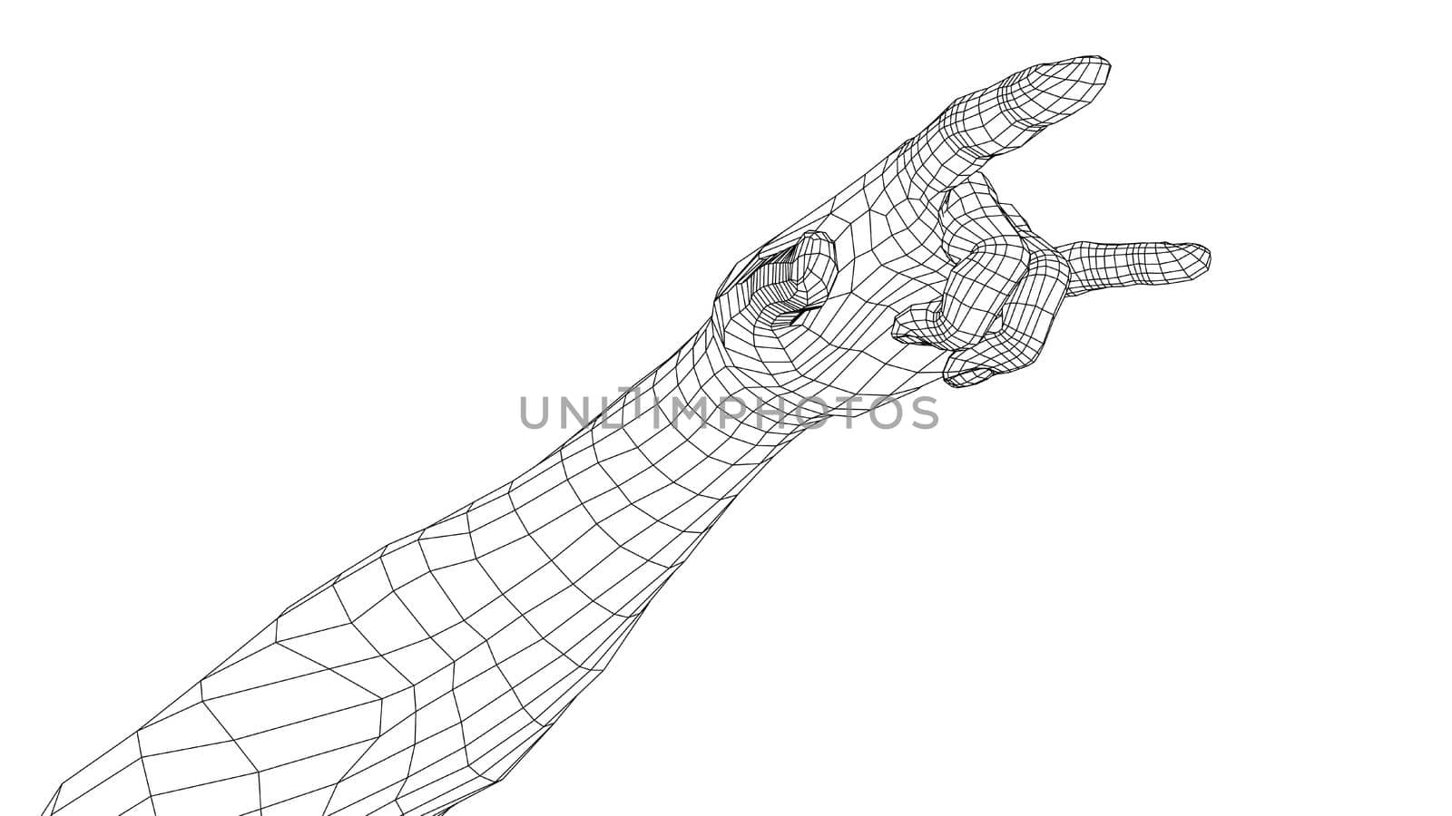 Hand in rock n roll sign. 3d illustration. Wire-frame style