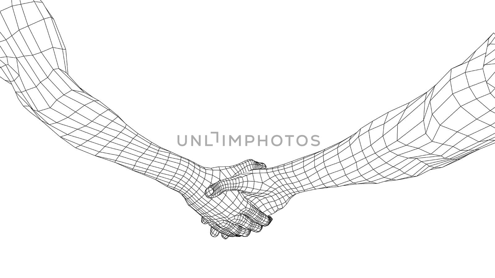 Two men shaking hands. 3d illustration. Wire-frame style. The concept of friendship, partnership and cooperation