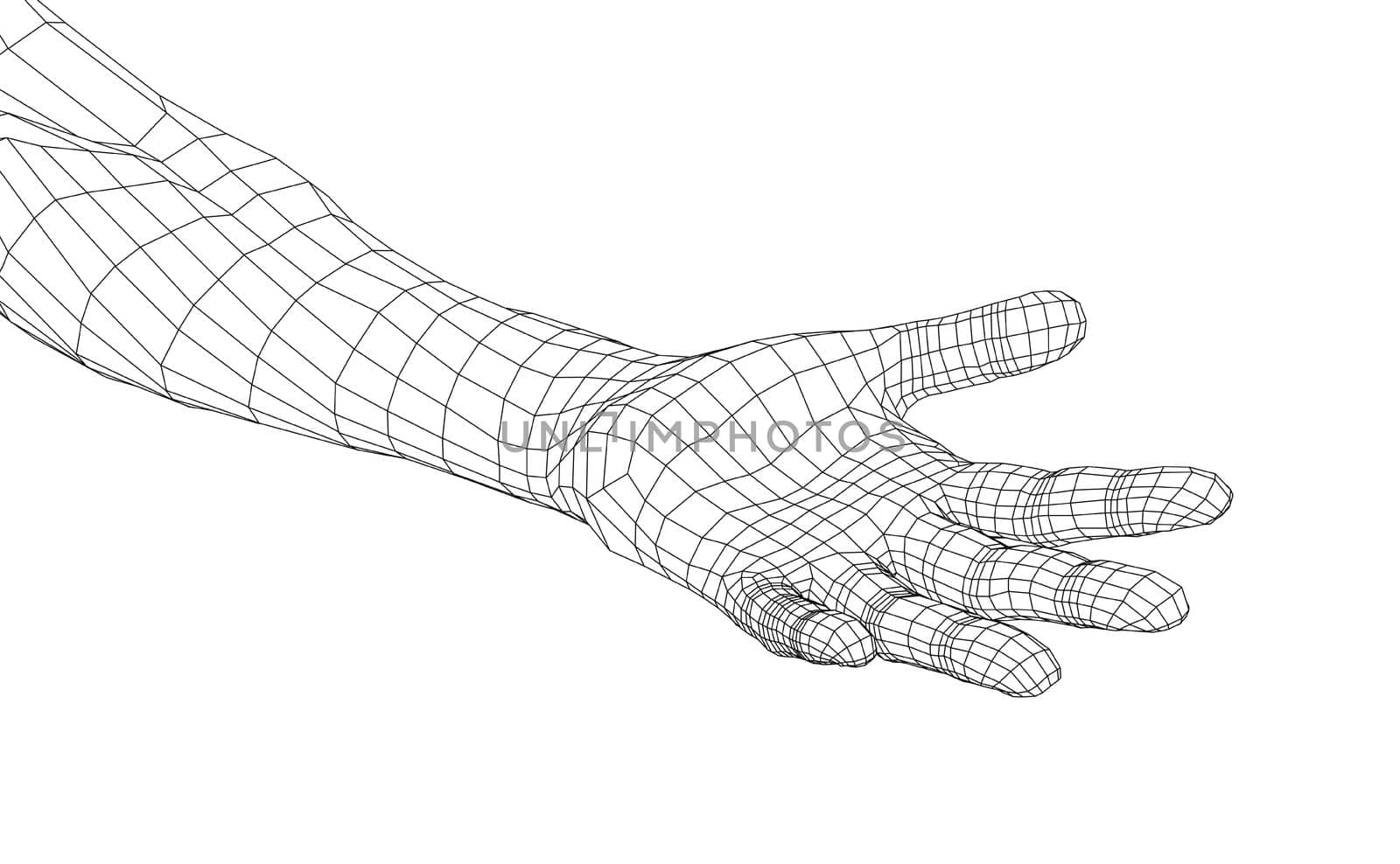 Open palm hand gesture of male hand. 3d illustration. Wire-frame style