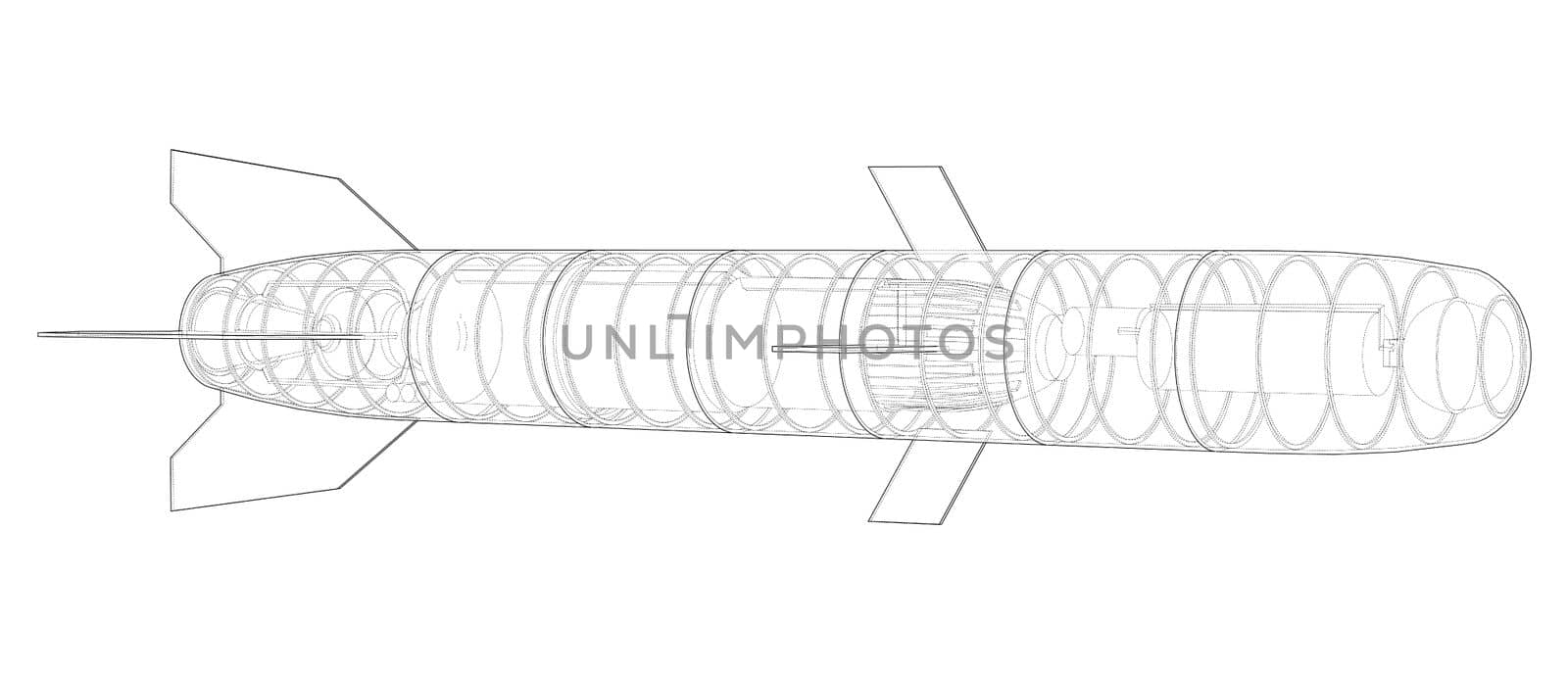 Military missile army rocket. Military concept. 3d illustration. Wire-frame style