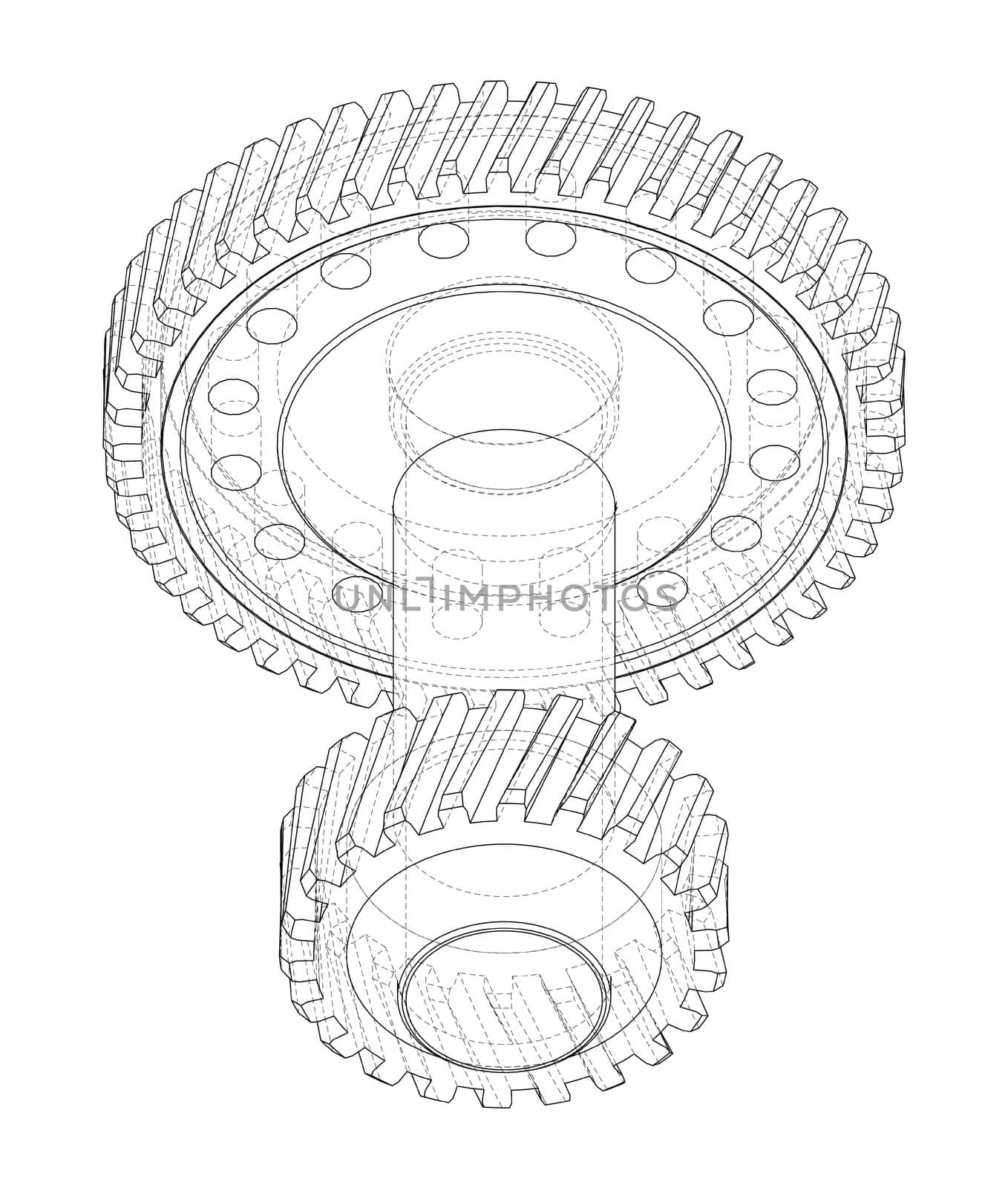 Gear wheel on white. 3d illustration. Wire-frame style. Orthography