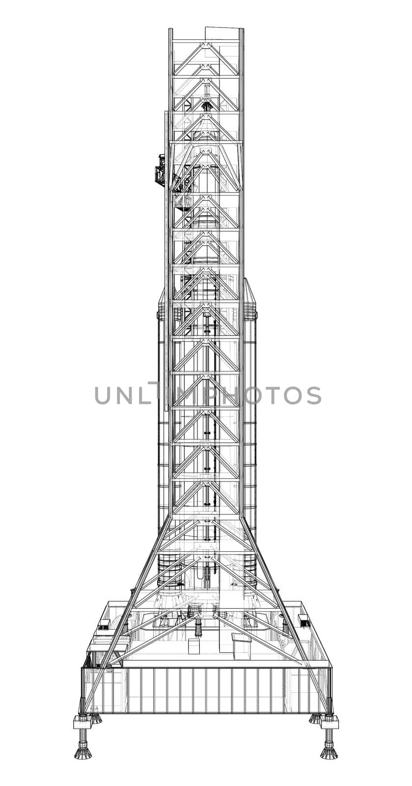 Space Rocket on launch pad. 3d illustration. Wire-frame style. Elements of this image furnished by NASA