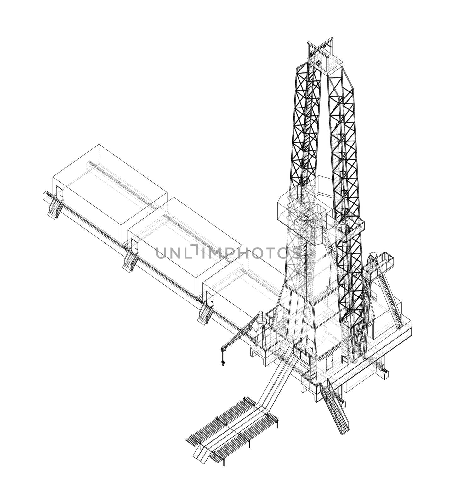 Oil rig on white. 3d illustration. Wire-frame style. Orthography