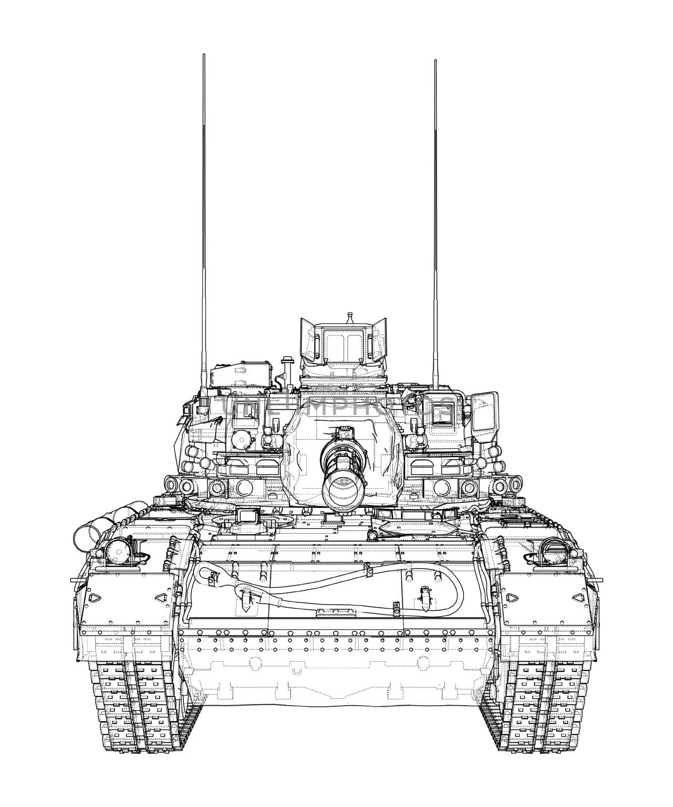 Military Tank on white. 3d illustration. Wire-frame style