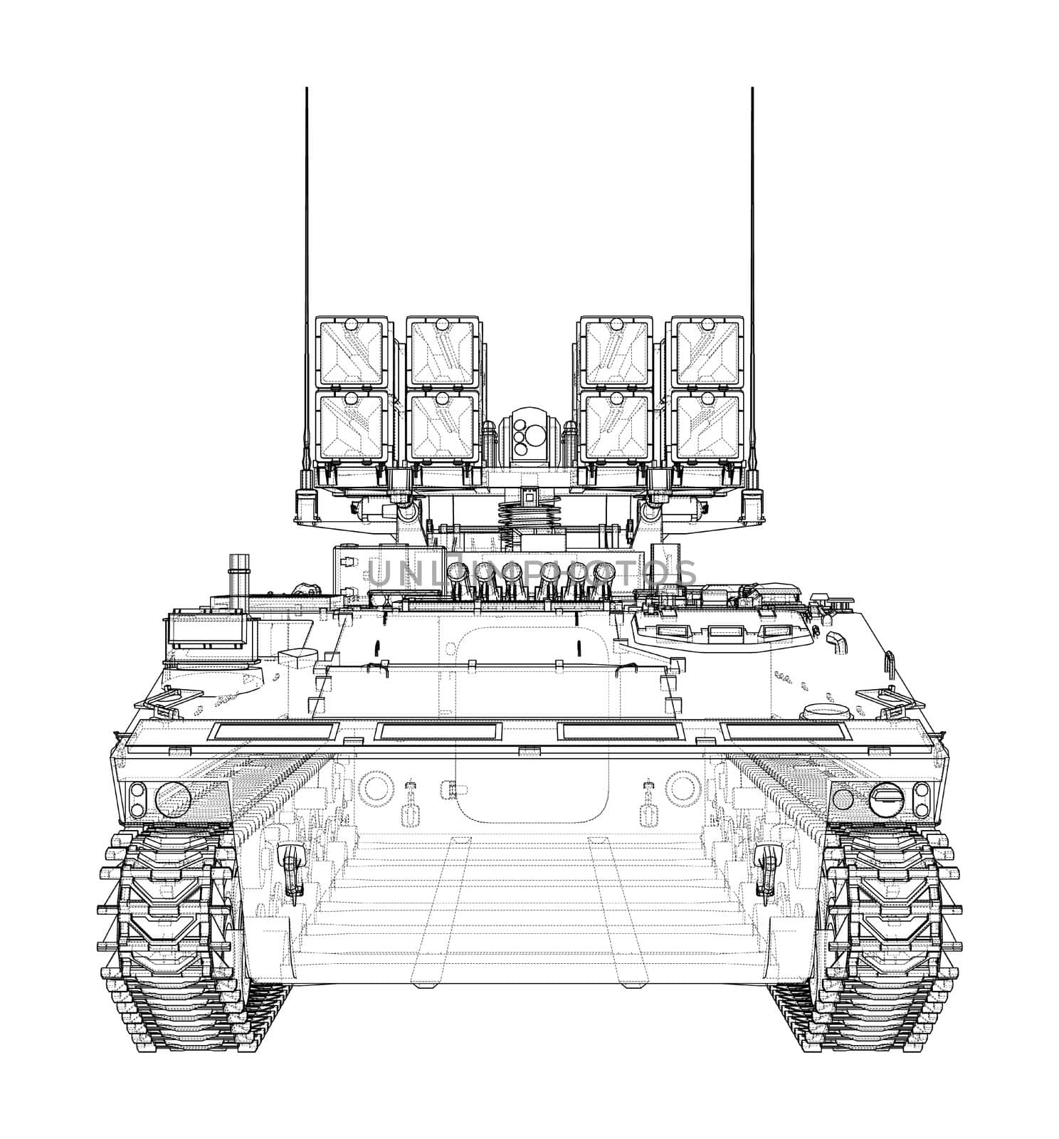 Military track missle system. 3d illustration. Wire-frame style