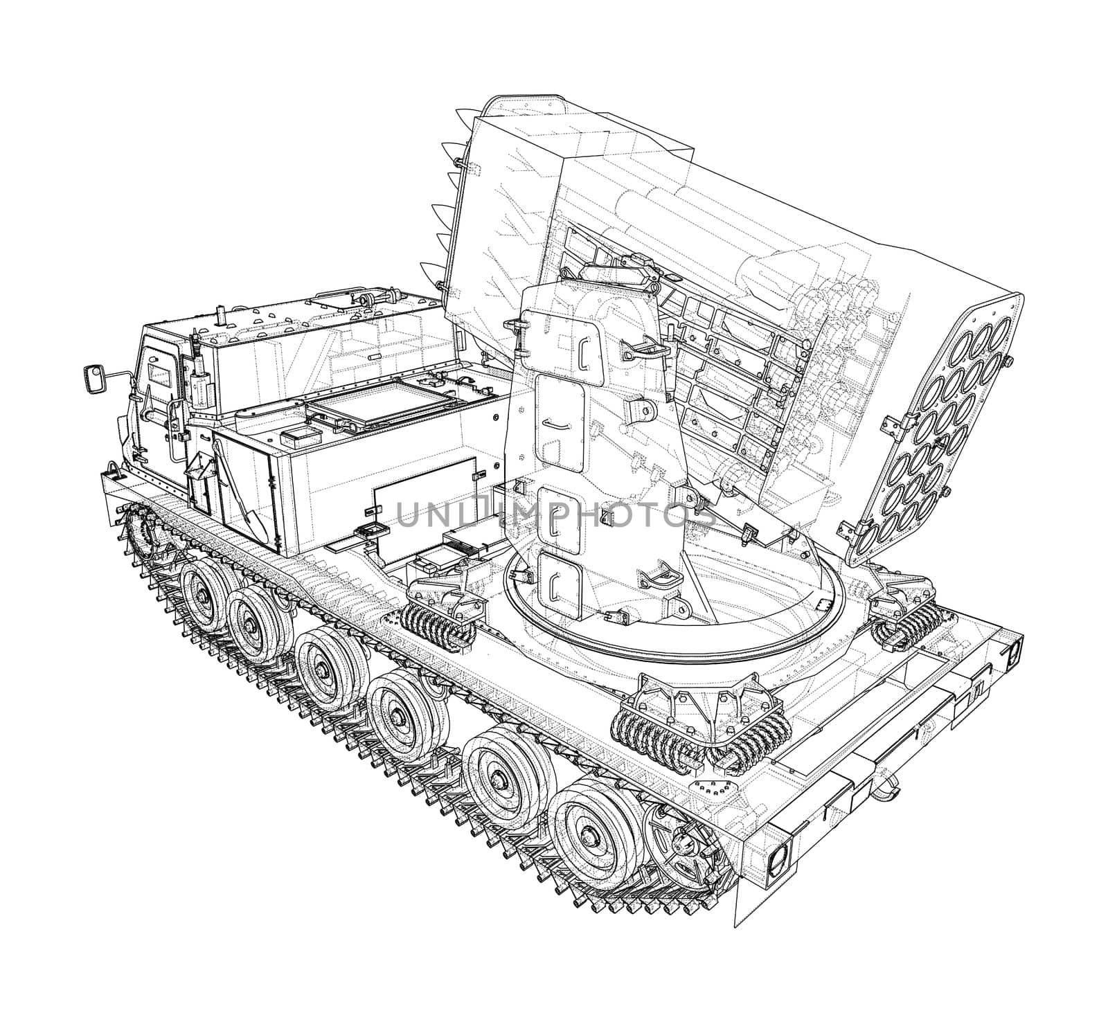 Military track missle system. 3d illustration. Wire-frame style