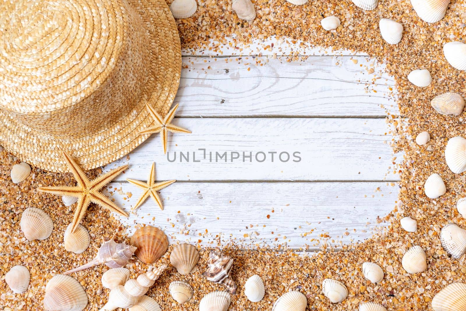 Sand seashells background. Summer time concept with sea shells and starfish on wooden background and sand.