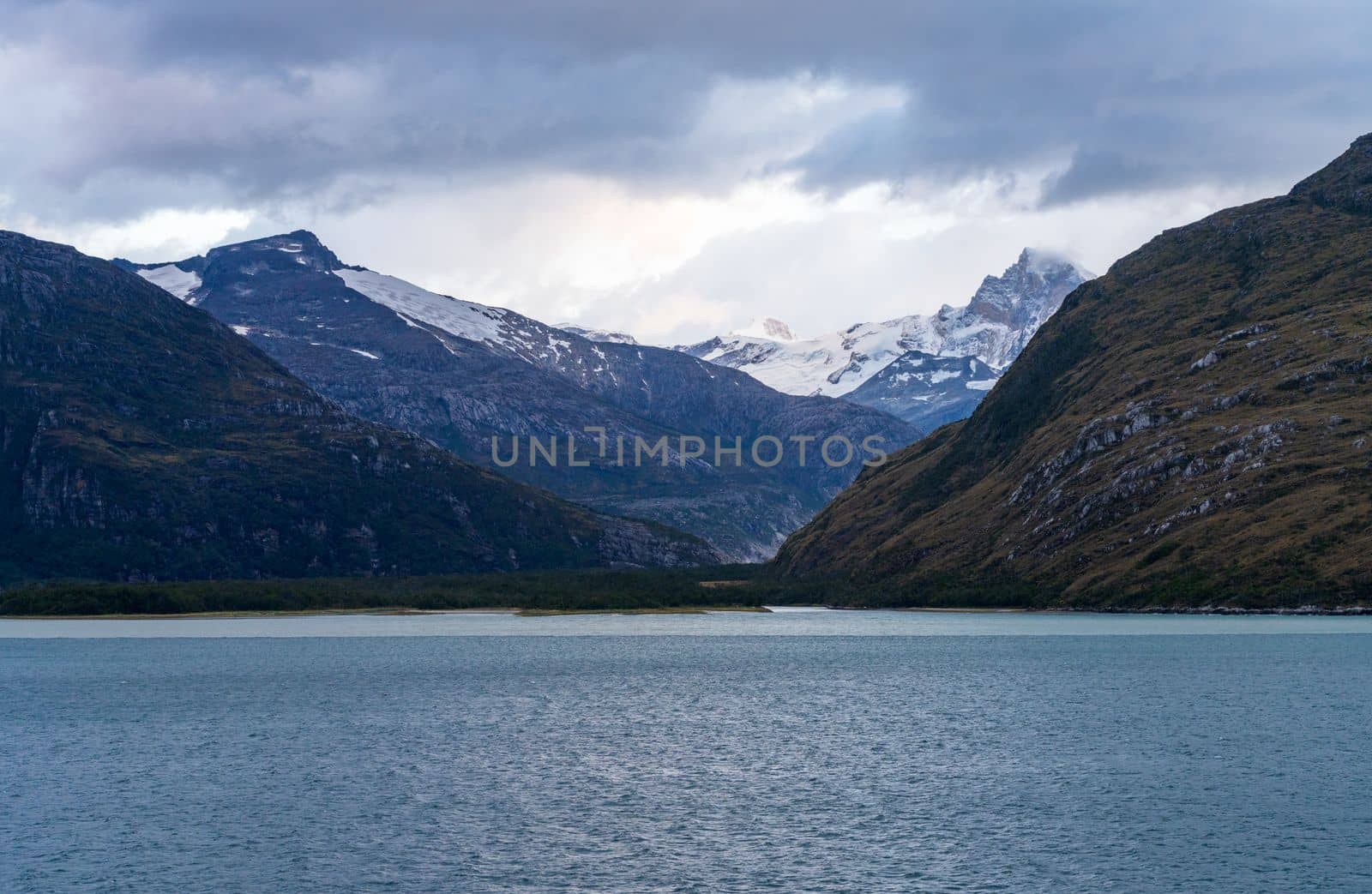 Ice and snow on mountains in Glacier Alley of Beagle channel in Chile